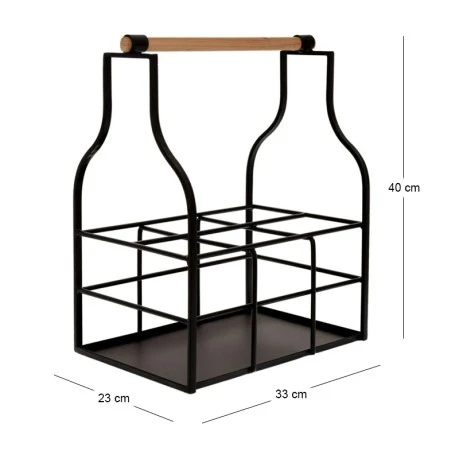 BLACK METAL WINE RACK FOR 6 BOTTLES WITH WOODEN HANDLE 33X23X40,5CM