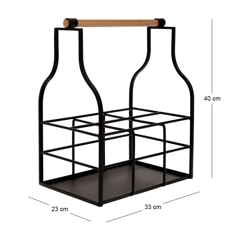 BLACK METAL WINE RACK FOR 6 BOTTLES WITH WOODEN HANDLE 33X23X40,5CM