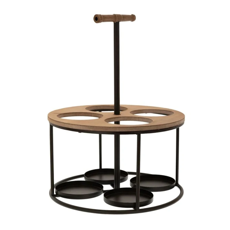 BLACK METAL ROUND WINE RACK FOR 4 BOTTLES WITH WOODEN DETAILS 30X30X39,5CM