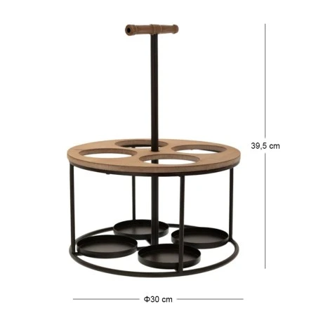 BLACK METAL ROUND WINE RACK FOR 4 BOTTLES WITH WOODEN DETAILS 30X30X39,5CM