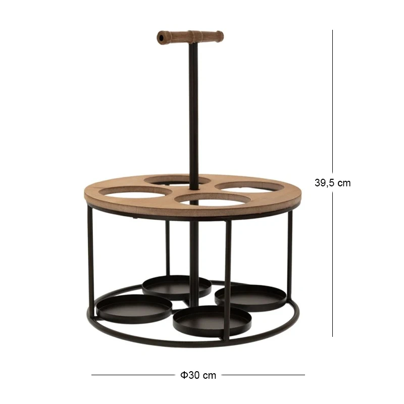 BLACK METAL ROUND WINE RACK FOR 4 BOTTLES WITH WOODEN DETAILS 30X30X39,5CM