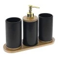 BLACK CERAMIC BATHROOM ACCESORIES SET  3 PCS WITH BAMBOO TRAY 25Χ9Χ20CM