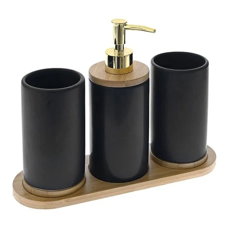BLACK CERAMIC BATHROOM ACCESORIES SET  3 PCS WITH BAMBOO TRAY 25Χ9Χ20CM