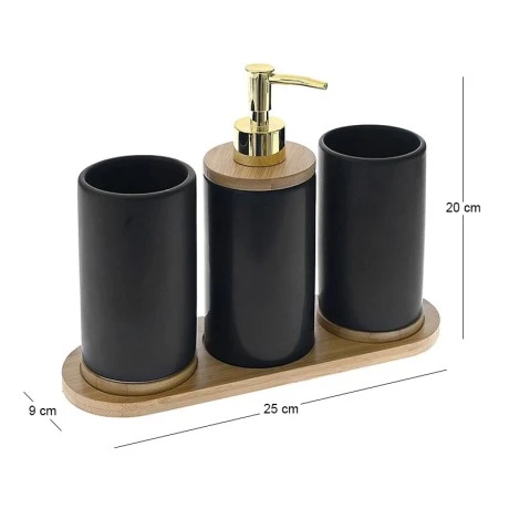 BLACK CERAMIC BATHROOM ACCESORIES SET  3 PCS WITH BAMBOO TRAY 25Χ9Χ20CM