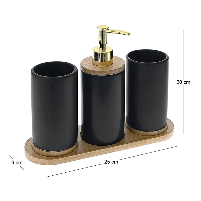 BLACK CERAMIC BATHROOM ACCESORIES SET  3 PCS WITH BAMBOO TRAY 25Χ9Χ20CM