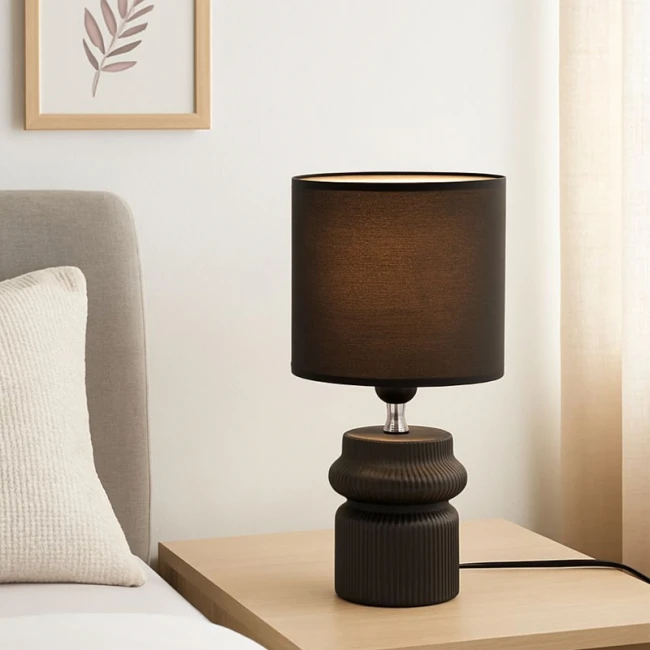 BLACK CERAMIC STRIPED LAMP WITH BLACK HAT D13X26.5CM