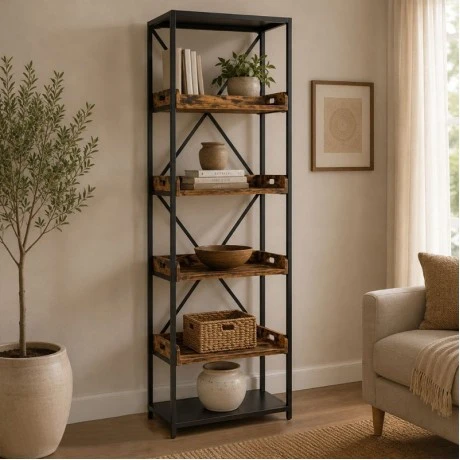 METAL SHELF BOOKCASE WITH 5 WOODEN SHELVES 55Χ40Χ200CM