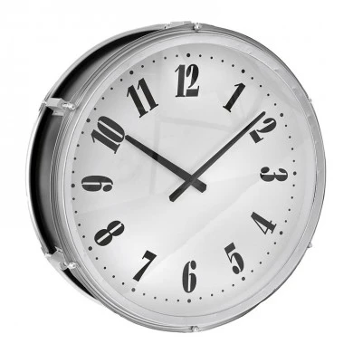 LARGE ROUND SILVER METAL WALL CLOCK DRUM 50x16CM