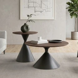 MISTRAL Set-2 Coffee Tables D.50cm+D.70cm Metal Black/Walnut