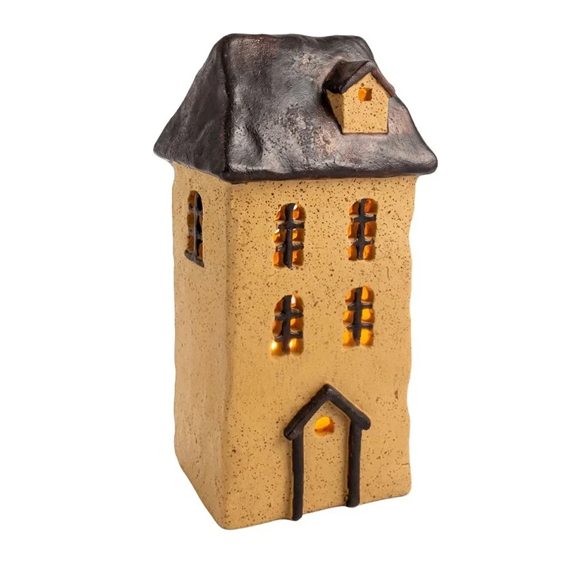 CREAM POLYRESIN ILLUMINATED HOUSE DΙCOR WITH BLACK ROOF 9,5X8,5X19,5CM