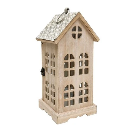 BEIGE WOODEN LANTERN IN THE SHAPE OF A HOUSE 16X15,5X35CM