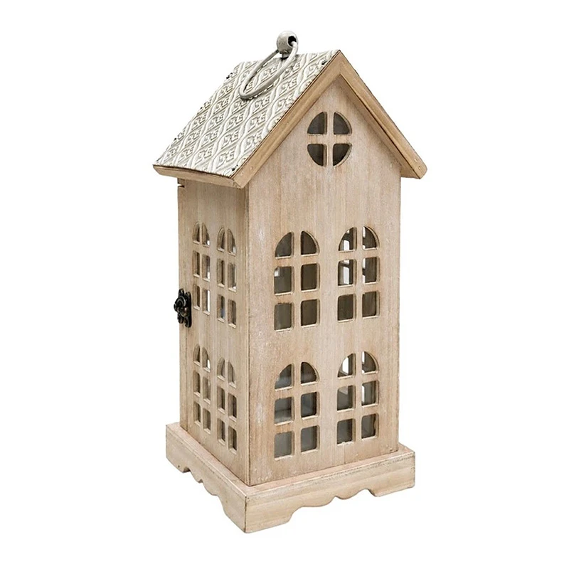 BEIGE WOODEN LANTERN IN THE SHAPE OF A HOUSE 16X15,5X35CM