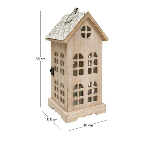 BEIGE WOODEN LANTERN IN THE SHAPE OF A HOUSE 16X15,5X35CM