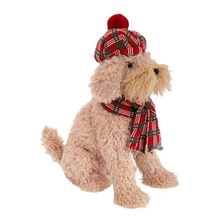 XMAS BEIGE SITTING DOG WEARING PLAID HAT AND SCARF 40X28X48CM