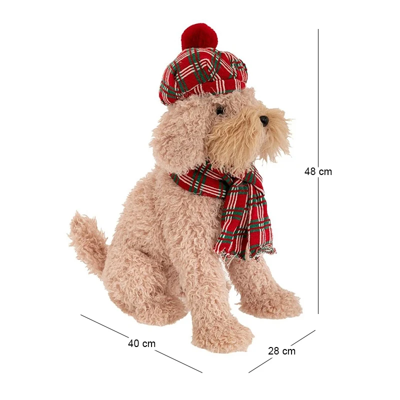 XMAS BEIGE SITTING DOG WEARING PLAID HAT AND SCARF 40X28X48CM