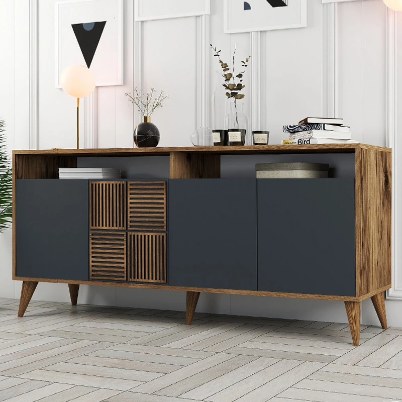 Milan Megapap melamine buffet in walnut - anthracite color 180x35x78,6cm.