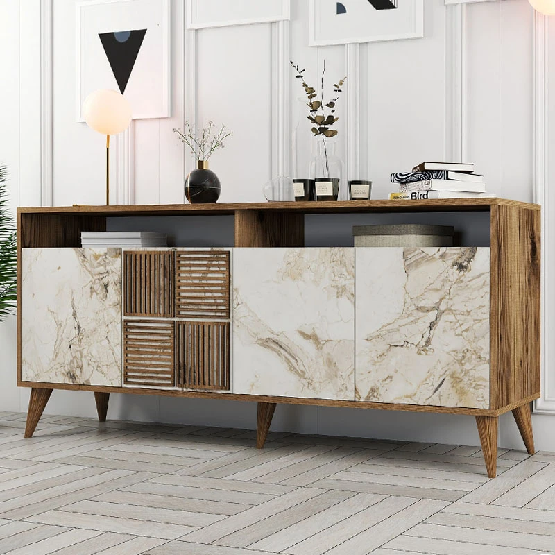 Milan Megapap melamine buffet in walnut - white marble effect color 180x35x78,6cm.