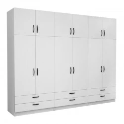 Victoria Megapap six doors melamine wardrobe with cabinet in white color 300x60x240cm.