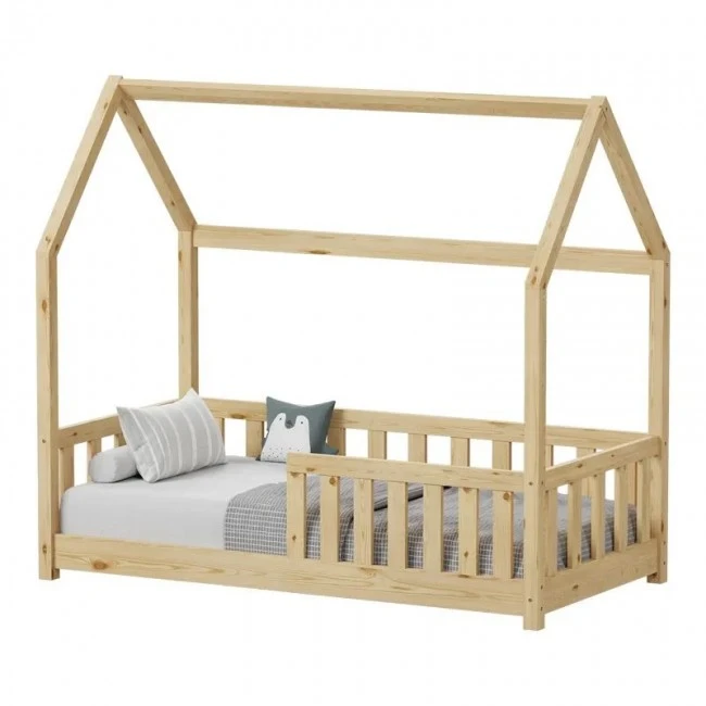 Bambie children&#039;s bed with railing Montessori type pakoworld pine wood in natural shade 70x140cm