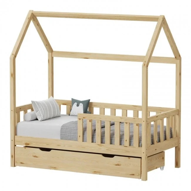 Montessori-style Bendina children&#039;s bed with drawer pakoworld pine wood in natural shade 70x140cm