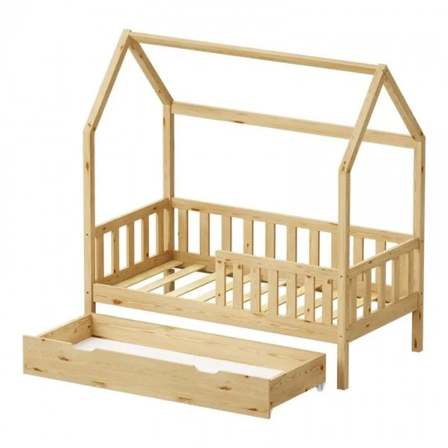 Montessori-style Bendina children&#039;s bed with drawer pakoworld pine wood in natural shade 70x140cm