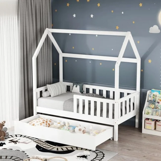 Montessori-style Bendina children&#039;s bed with drawer pakoworld pine wood in white shade 70x140cm
