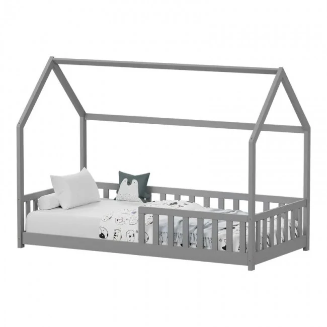 Montessori-style Callan children&#039;s bed with rails pakoworld pine wood in grey color 90x190cm