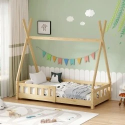 Noam children&#039;s bed with Montessori type railings pakoworld pine wood in natural color 70x140cm