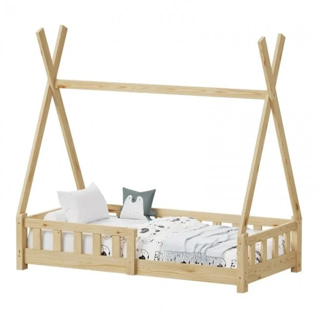 Noam children&#039;s bed with Montessori type railings pakoworld pine wood in natural color 70x140cm