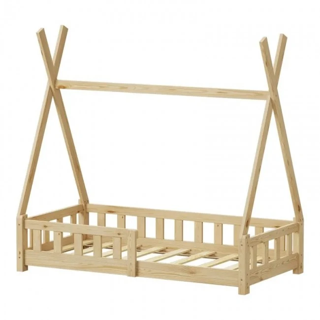 Noam children&#039;s bed with Montessori type railings pakoworld pine wood in natural color 70x140cm