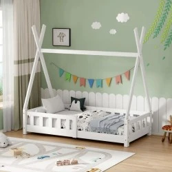 Noam children&#039;s bed with Montessori type railings pakoworld pine wood in white color 70x140cm