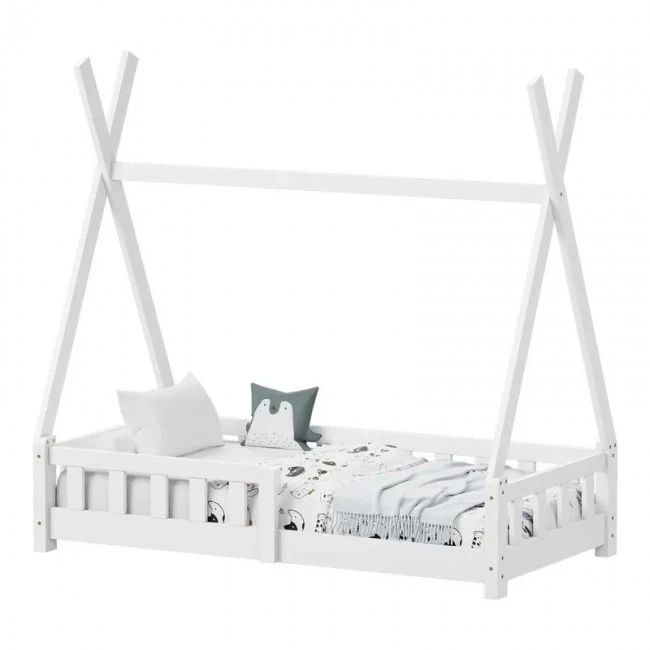 Noam children&#039;s bed with Montessori type railings pakoworld pine wood in white color 70x140cm