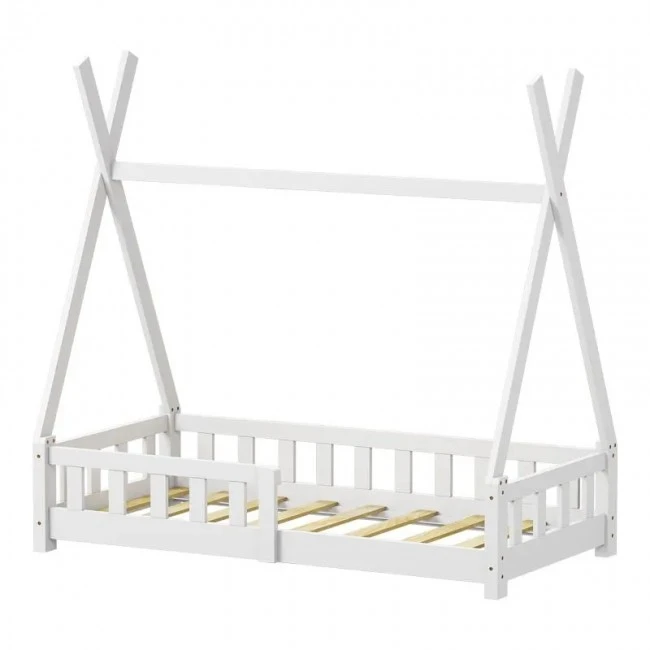 Noam children&#039;s bed with Montessori type railings pakoworld pine wood in white color 70x140cm