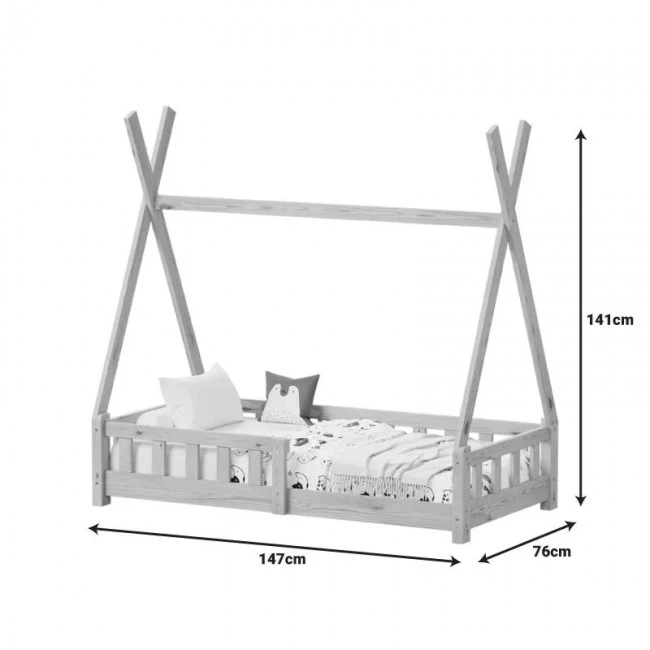 Noam children&#039;s bed with Montessori type railings pakoworld pine wood in white color 70x140cm