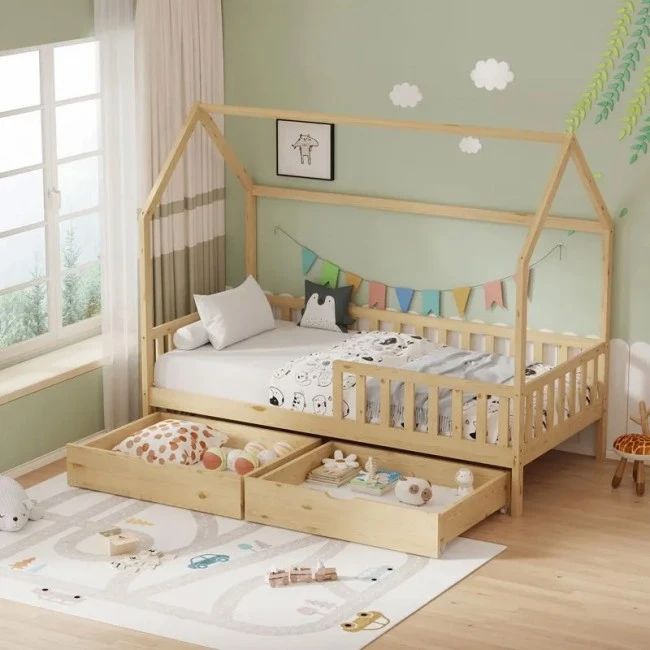 Montessori style Piccolo children&#039;s bed with 2 drawers pakoworld natural shade pine wood 90x190cm