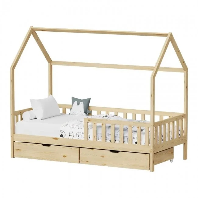 Montessori style Piccolo children&#039;s bed with 2 drawers pakoworld natural shade pine wood 90x190cm