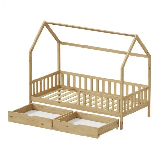 Montessori style Piccolo children&#039;s bed with 2 drawers pakoworld natural shade pine wood 90x190cm