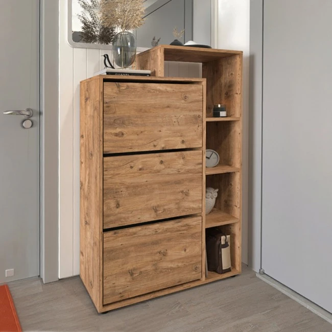 Lego Megapap melamine shoes cabinet in pine oak color 90x32x143cm.