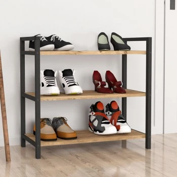 Navari Megapap metallic - melamine shoe rack of 9 pairs in black - pine oak color 66x36x70cm.