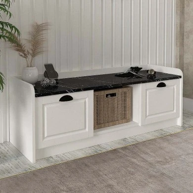 Rayne Megapap melamine shoe cabinet in white - black marble effect color 120x40x45cm.