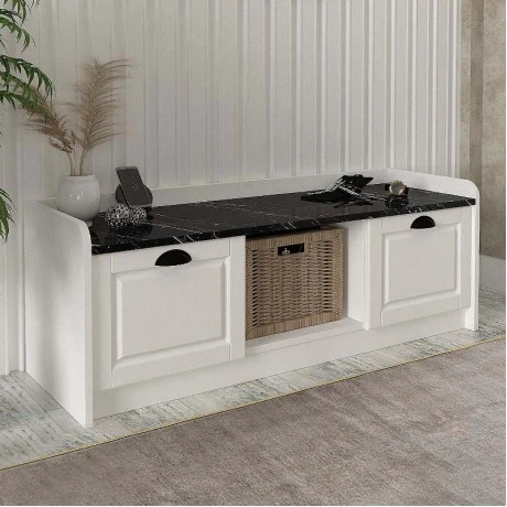 Rayne Megapap melamine shoe cabinet in white - black marble effect color 120x40x45cm.