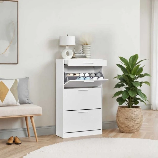 Flat Megapap shoe rack of 18 pairs in white color 75x29x128cm.