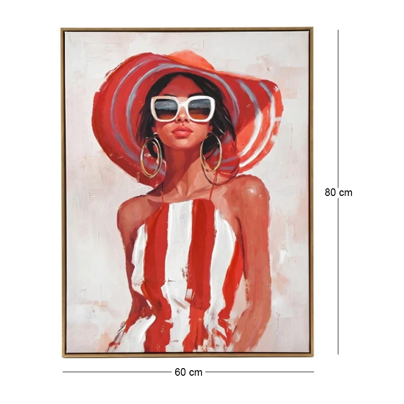 PAINTING OF A WOMAN WITH A HAT WITH FRAME 60X80 CM.