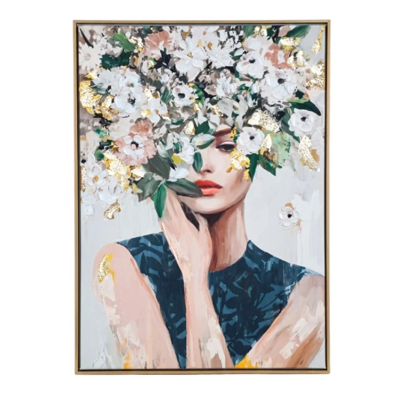 PAINTING WITH A WOMAN AND FLOWERS IN A WOODEN FRAME 50X70 CM.