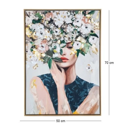 PAINTING WITH A WOMAN AND FLOWERS IN A WOODEN FRAME 50X70 CM.