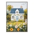 PAINTING WITH A HOUSE AND GARDEN IN A WOODEN FRAME 50X70 CM