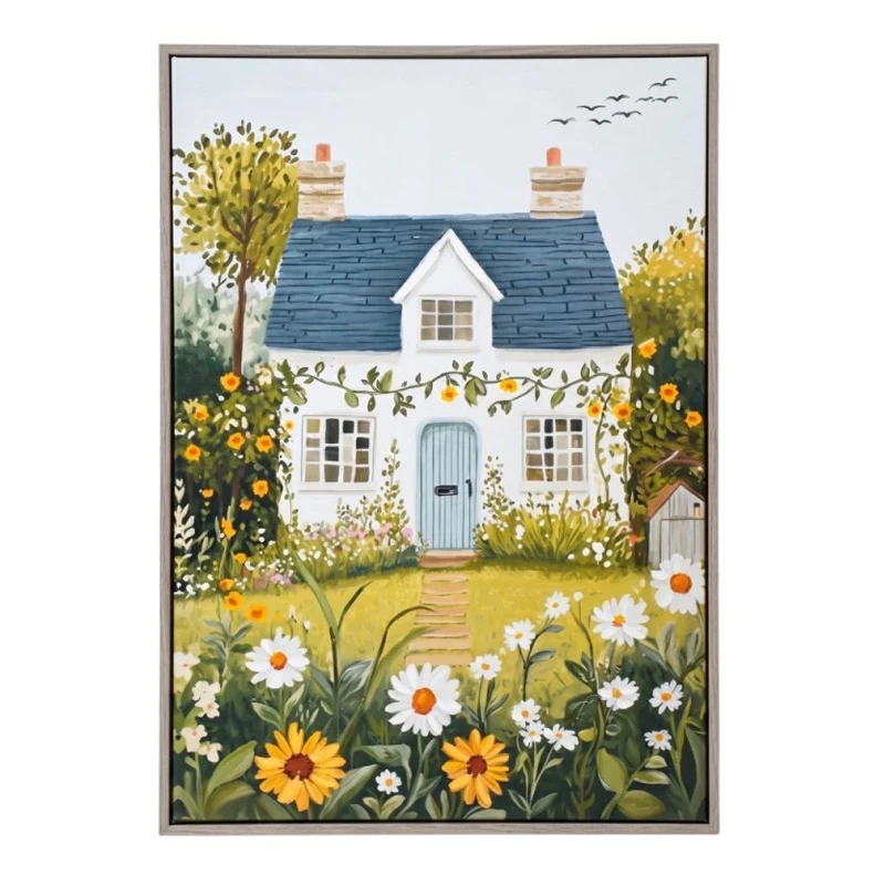 PAINTING WITH A HOUSE AND GARDEN IN A WOODEN FRAME 50X70 CM