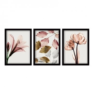 "Pink Flowers" Megapap painting of three pieces in frame 35x45x2cm.