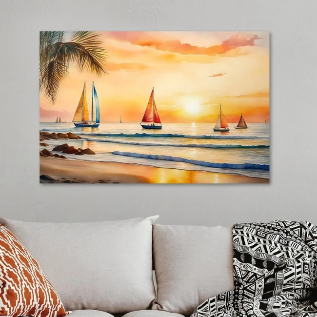 "Tropical Sails at the sunset" Megapap painting on canvas digital printing 100x70x3cm.