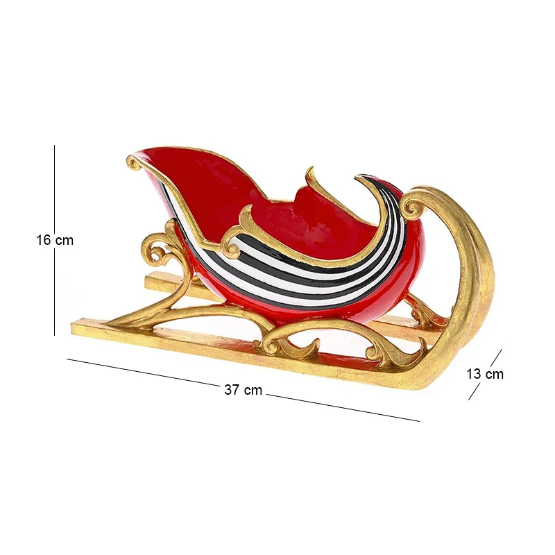 RED GOLD RESIN SLEDGE WITH BLACK AND WHITE STRIPES 37X13X16CM
